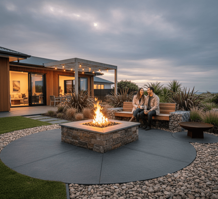 Modern square stone fire pit with schist cladding and large format pavers in a Papamoa backyard